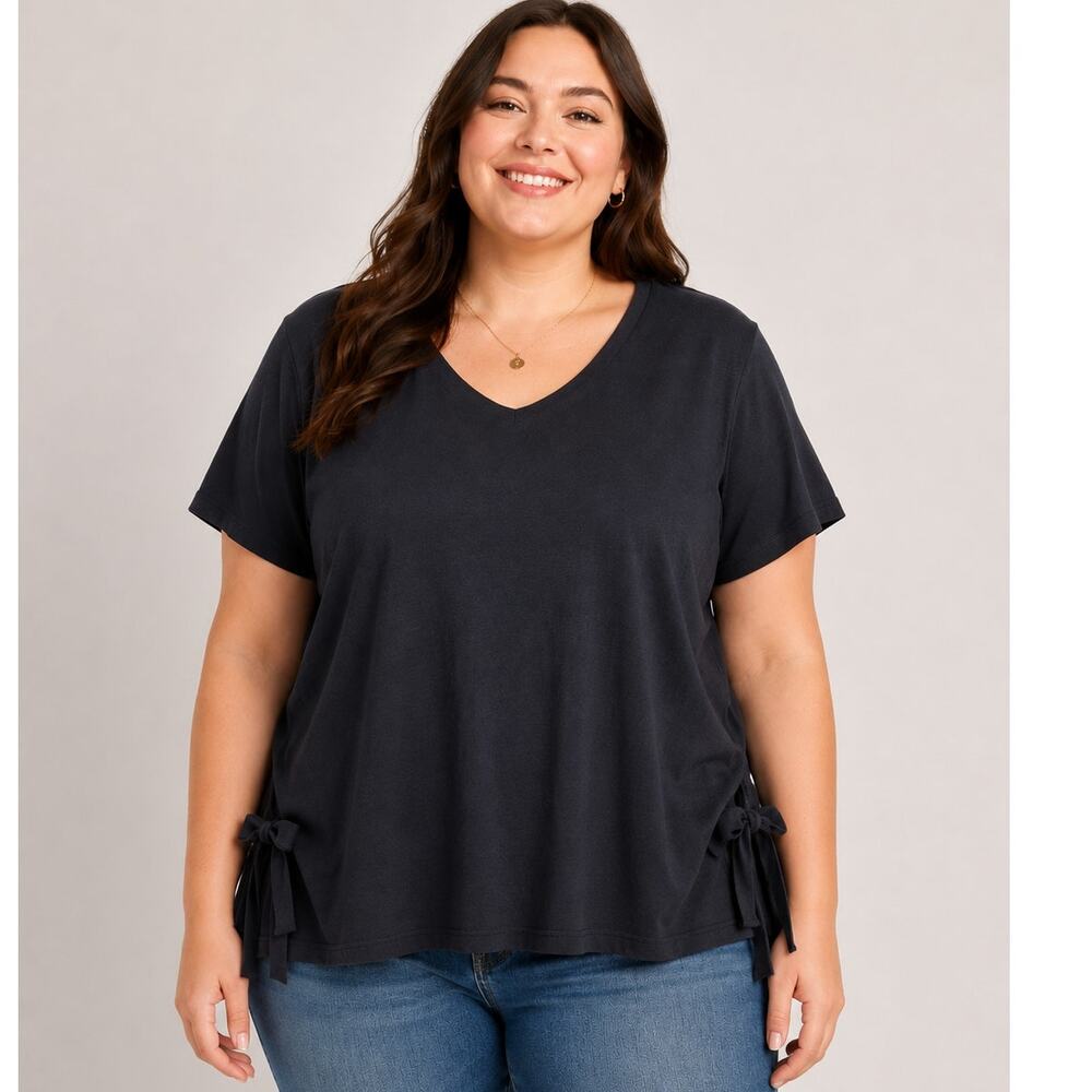Joe Fresh Black Short Sleeve V Neck Side Ribbons Shirt Plus 2X NWT